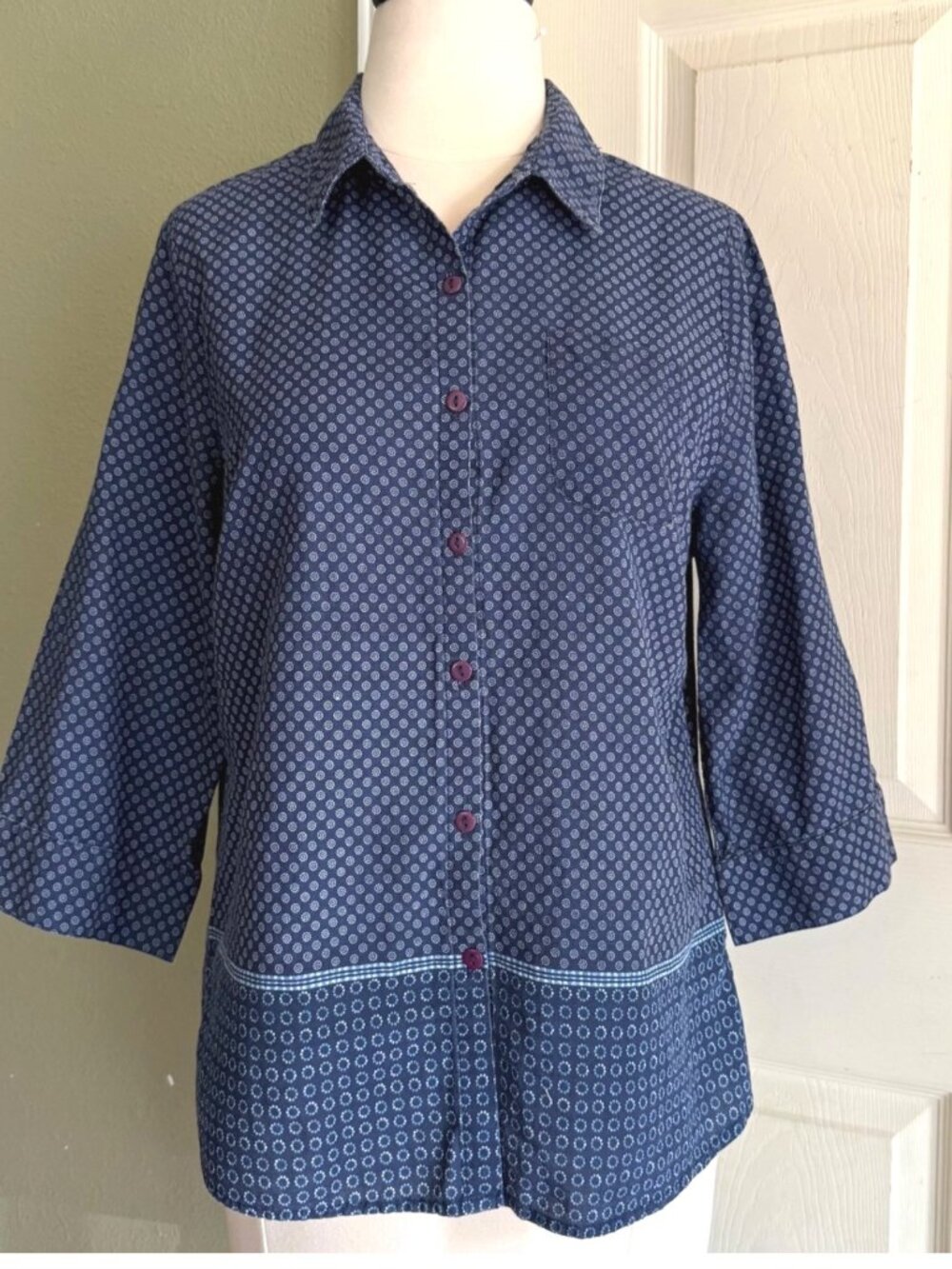 size S Rebecca Malone button blouse 3/4 sleeve camp shirt grandmacore grannycore
